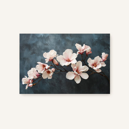 Magnolia branch floral art print with ivory blossoms on deep blue background.