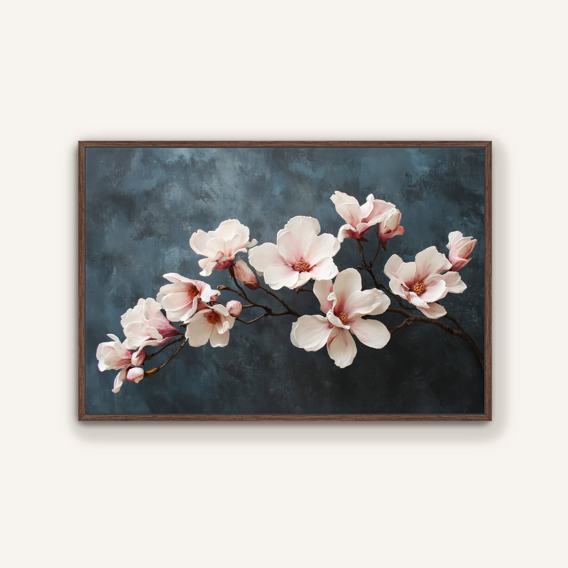 Magnolia branch wall art in dark espresso frame with ivory flowers.