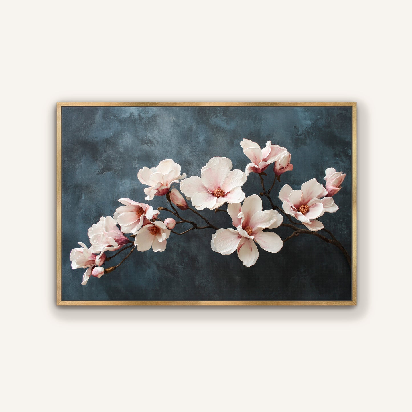 Magnolia floral canvas wall art with gold floating frame finish
