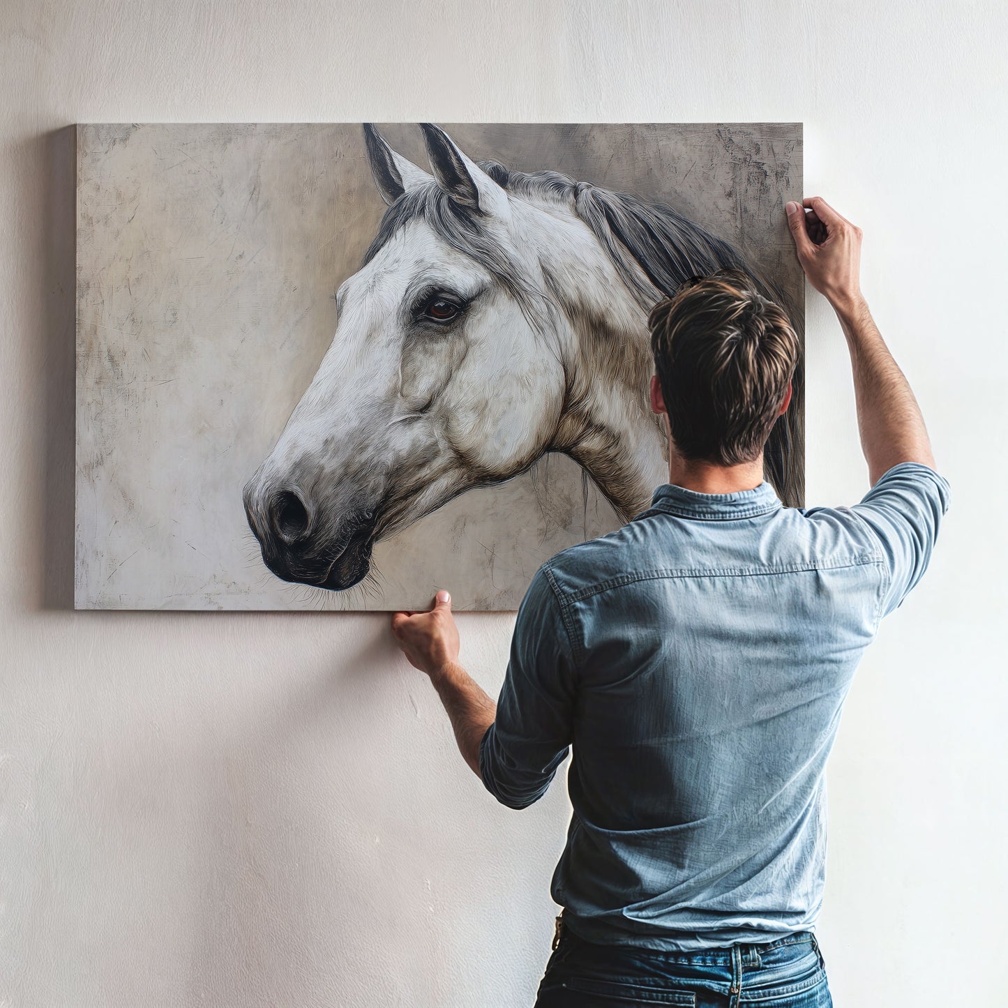 Man hanging large regal horse portrait canvas painting in neutral tones