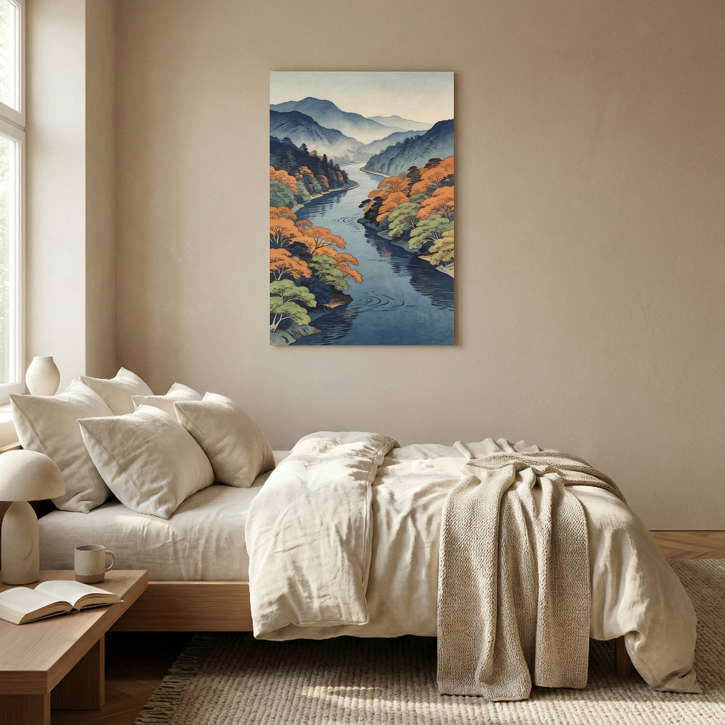 Japanese river landscape wall art in neutral bedroom mockup