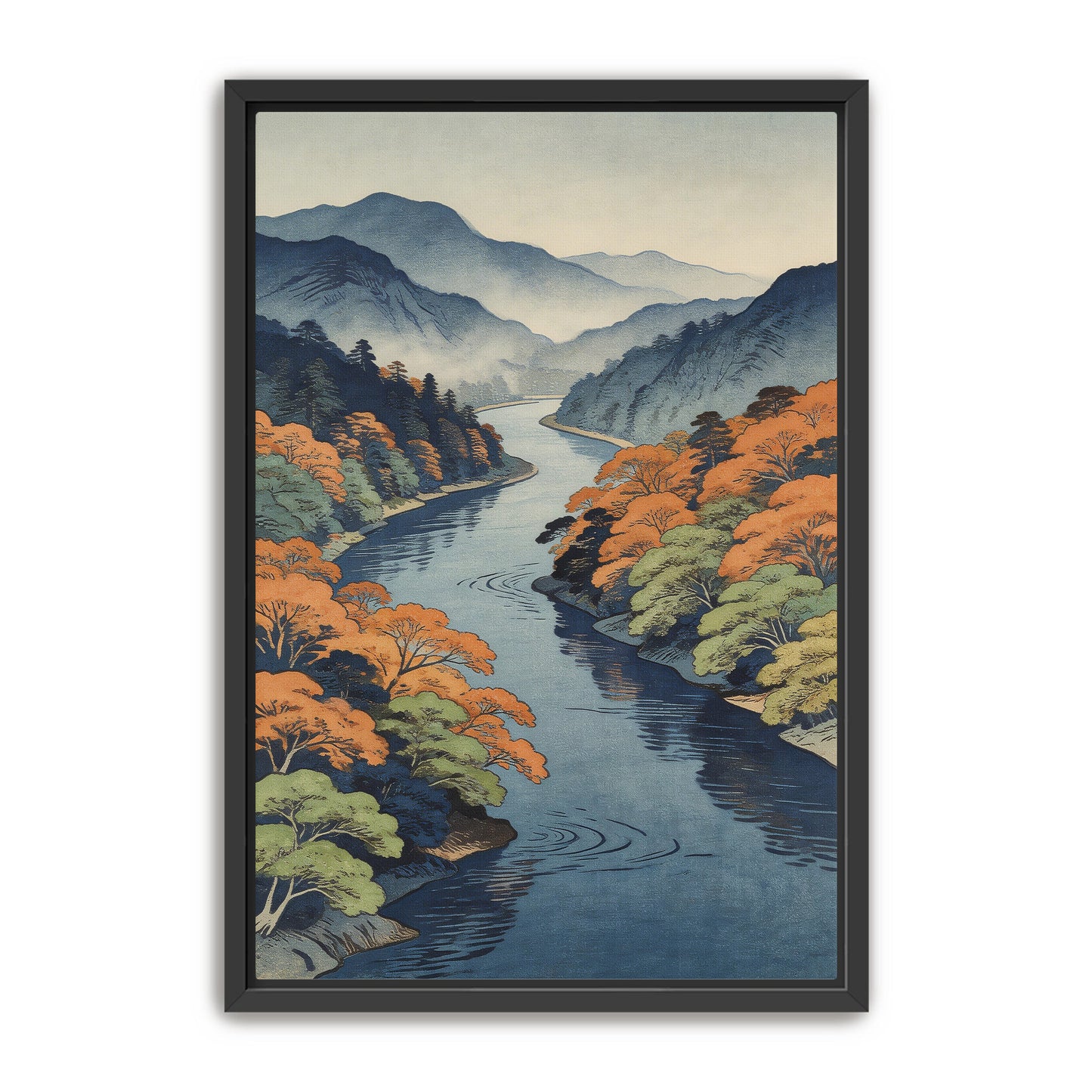 Japanese river valley print in black frame product mockup