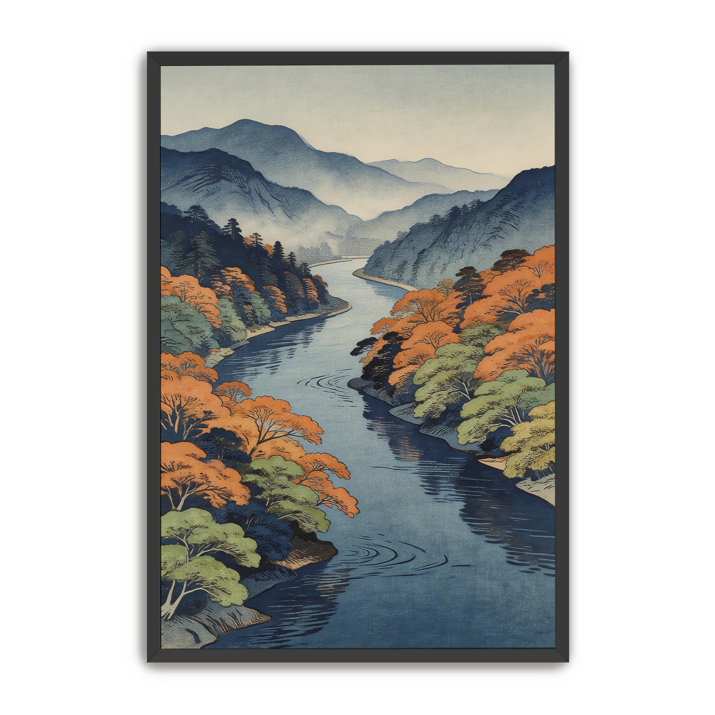 Japanese river landscape print close-up in black frame