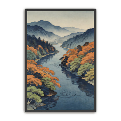 Japanese river landscape print close-up in black frame