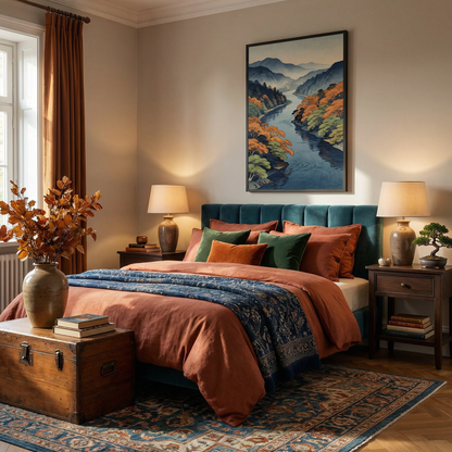 Japanese river landscape wall art in warm cozy bedroom styling