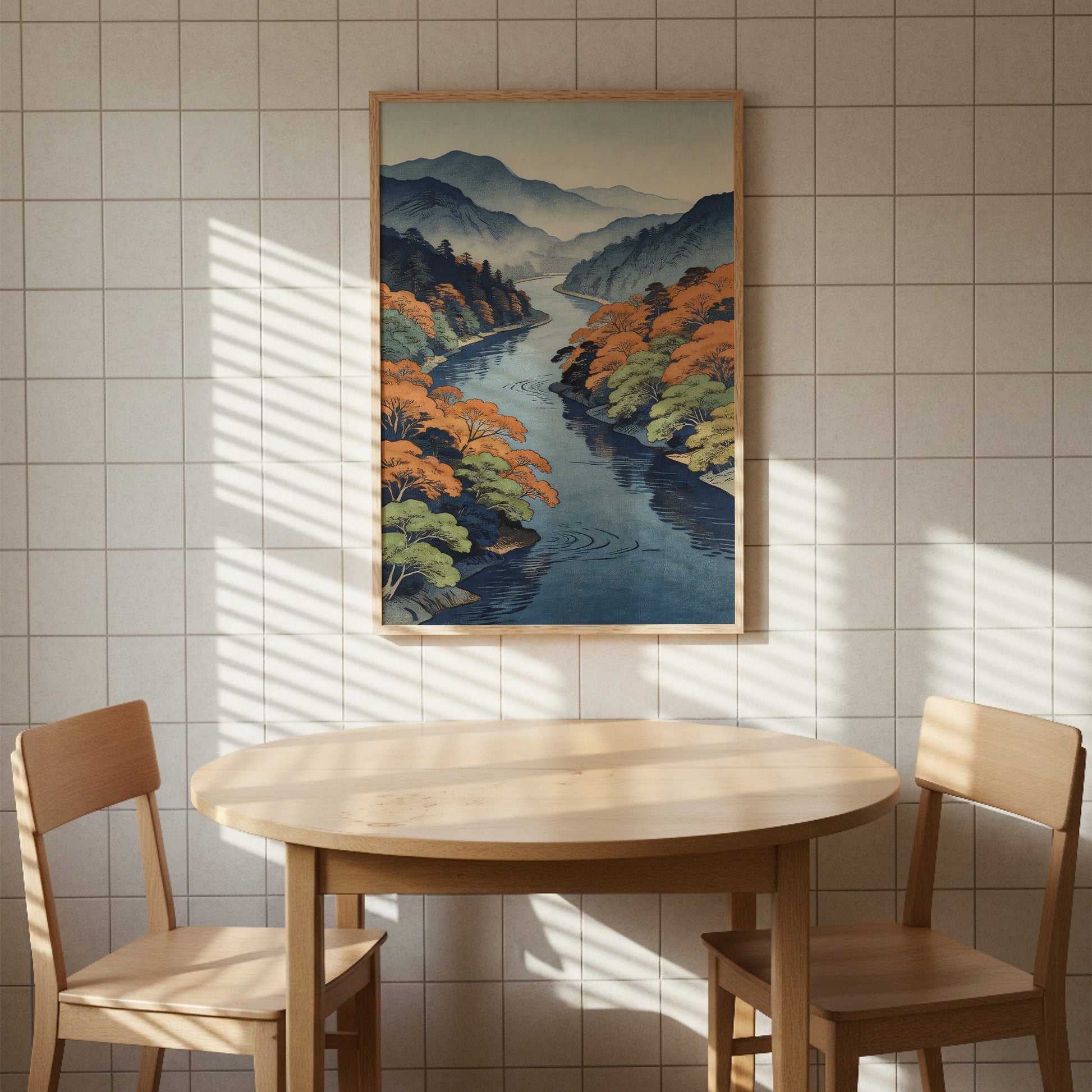 Japanese river landscape wall art above dining table with sun shadows