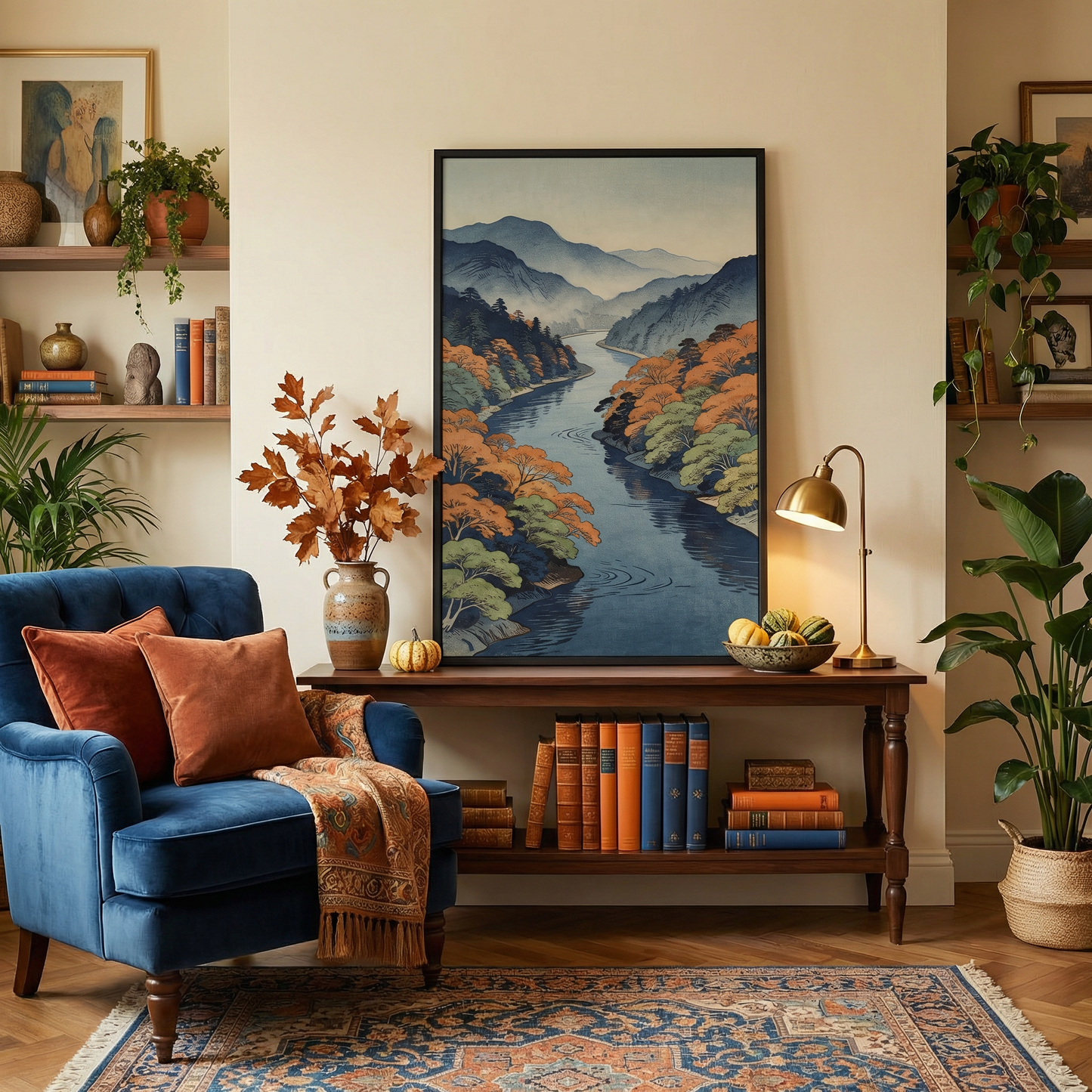 Misty river landscape print styled above console table with decor