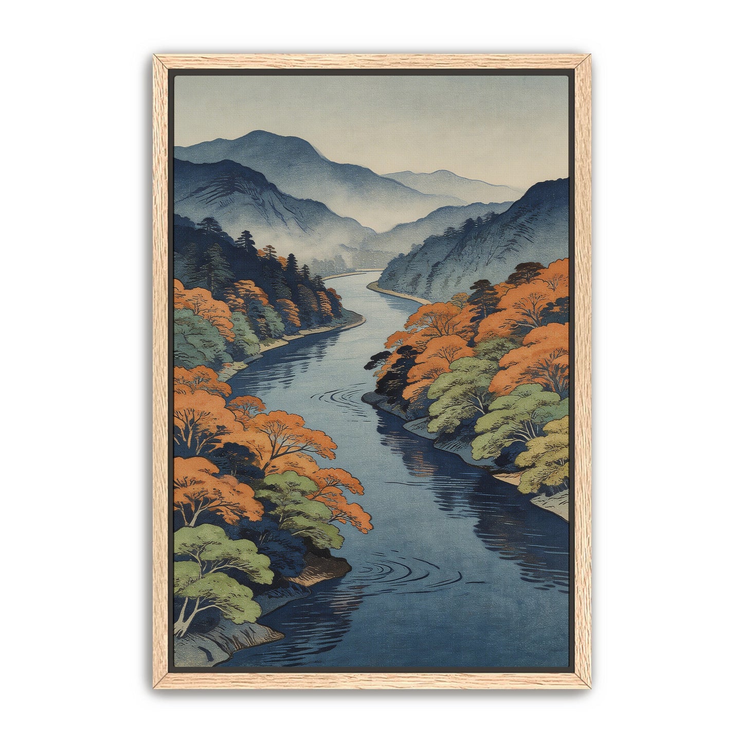 Autumn river landscape wall art in natural oak frame mockup