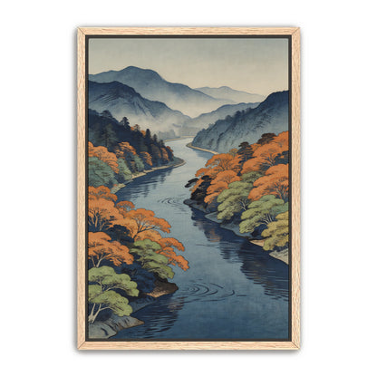 Autumn river landscape wall art in natural oak frame mockup