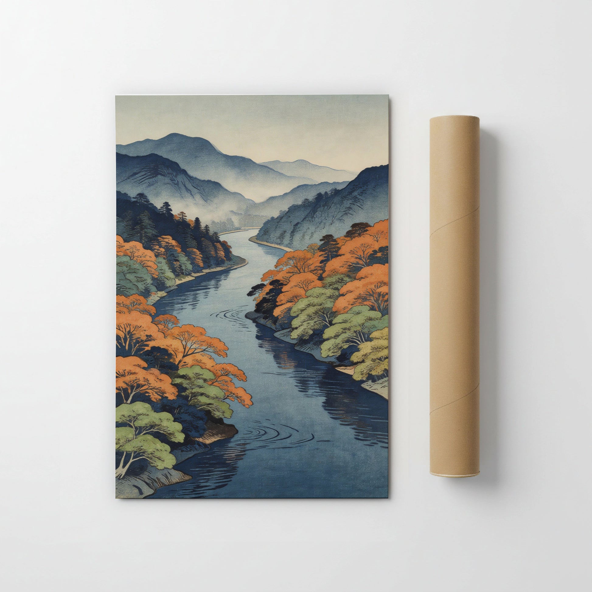 Japanese river landscape art print shown with shipping tube mockup
