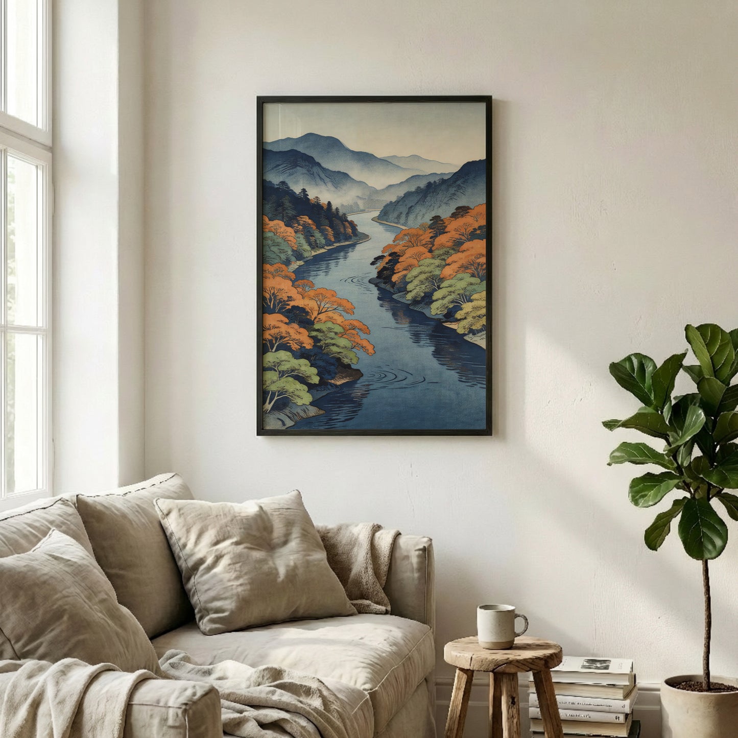 Misty river wall art above sofa in airy neutral room