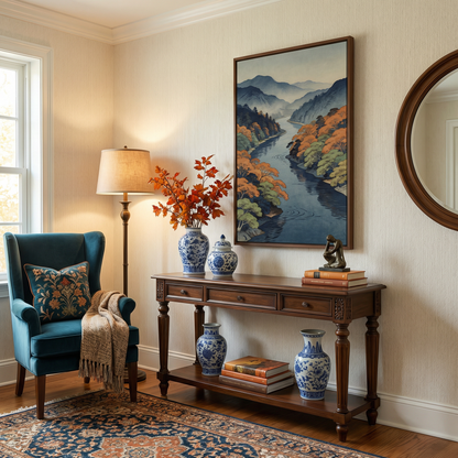 Japanese river wall art in classic home corner with vintage console