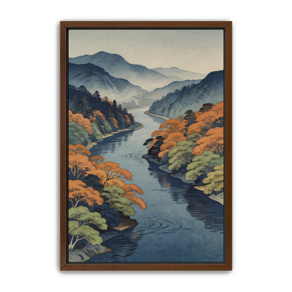 Japanese inspired river landscape print in walnut framed canvas mockup