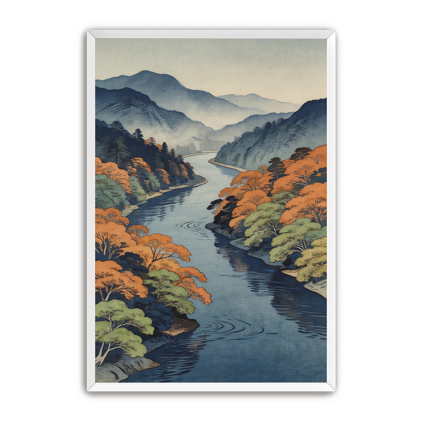 Japanese river landscape wall art in white frame mockup