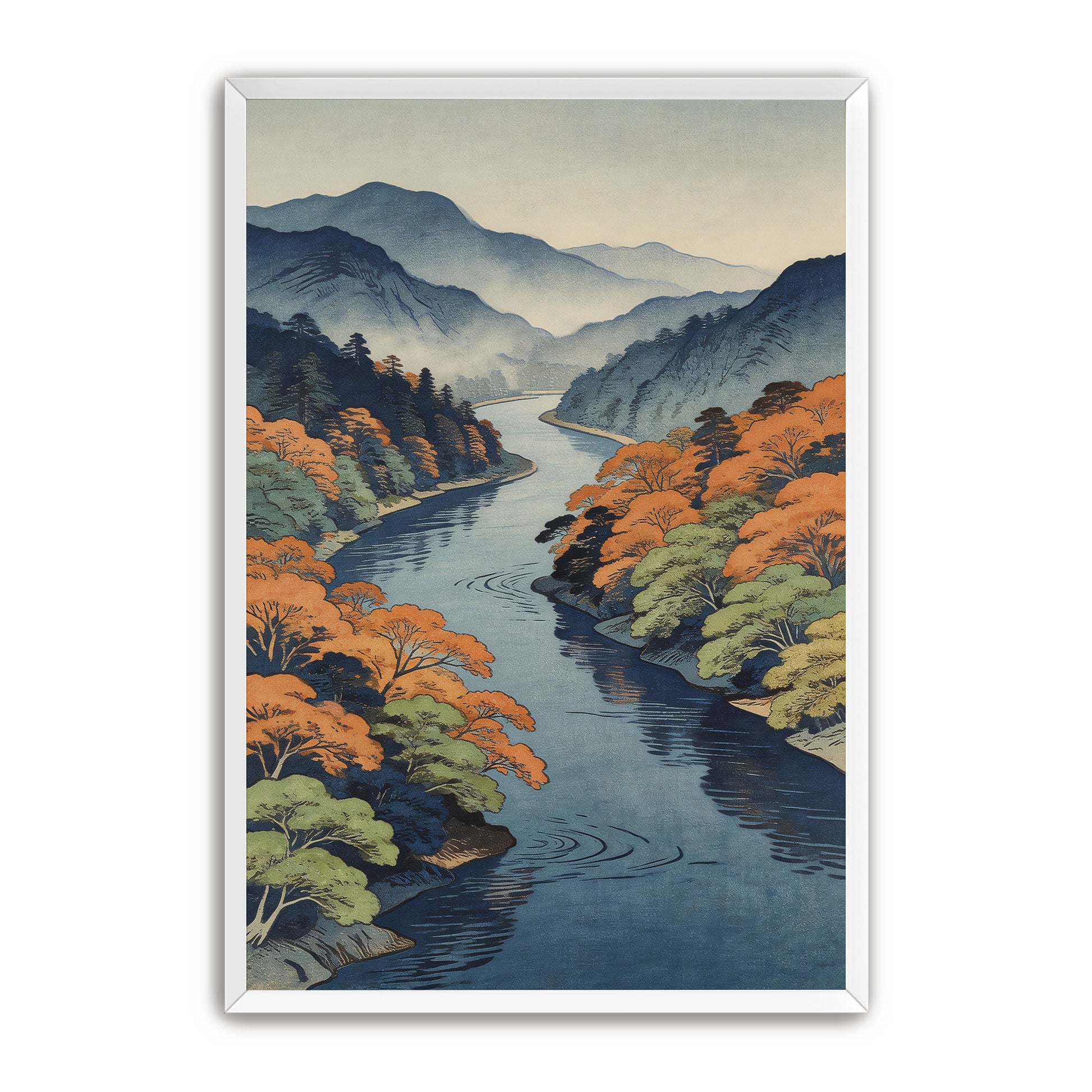 Japanese river landscape wall art in white frame mockup