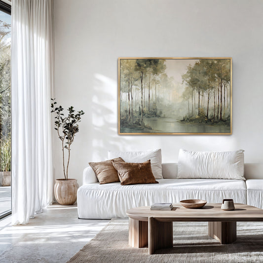 Misty forest edge landscape print in a natural frame above a white sofa in a light-filled room.