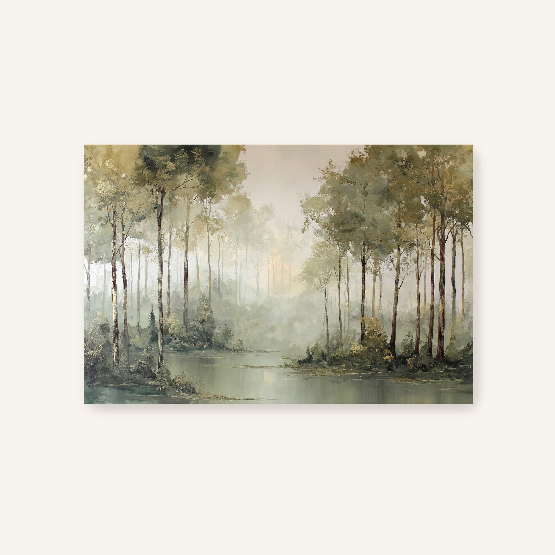 Misty forest edge canvas print in muted taupe and sage without a frame.