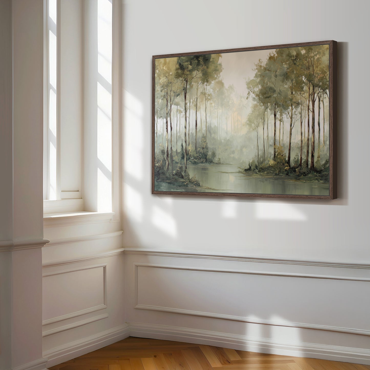 Misty forest edge wall art with an espresso frame displayed in a bright corner interior.