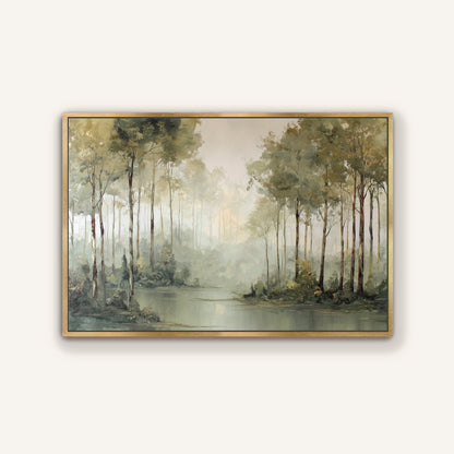 Misty forest edge wall art in an elegant gold floating frame.