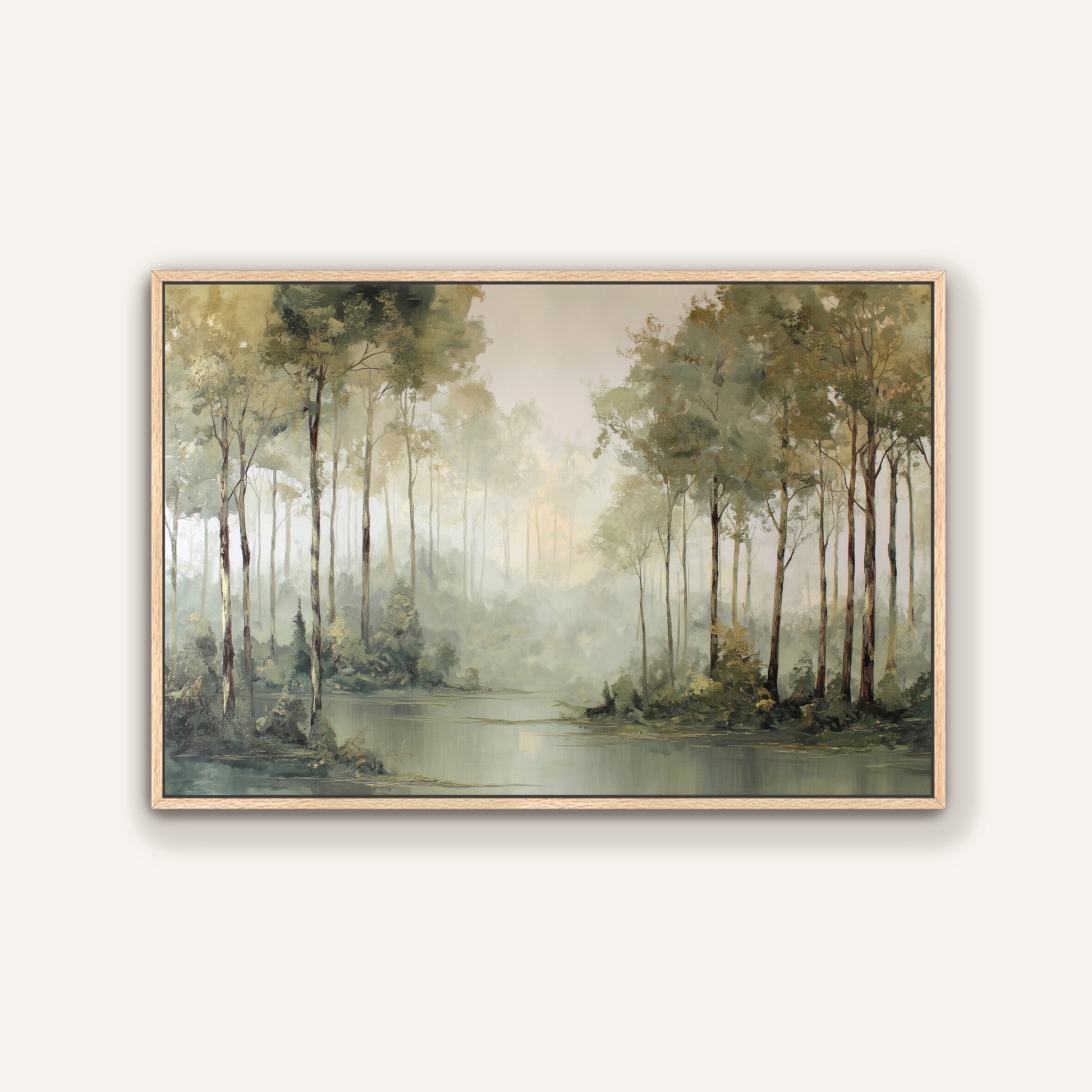 Misty forest edge landscape in muted sage and taupe tones with a natural wood floating frame.