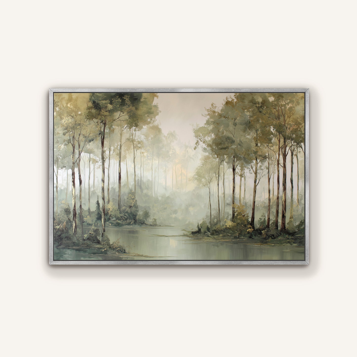 Misty woodland landscape print with tall trees in sage tones inside a sleek silver frame.