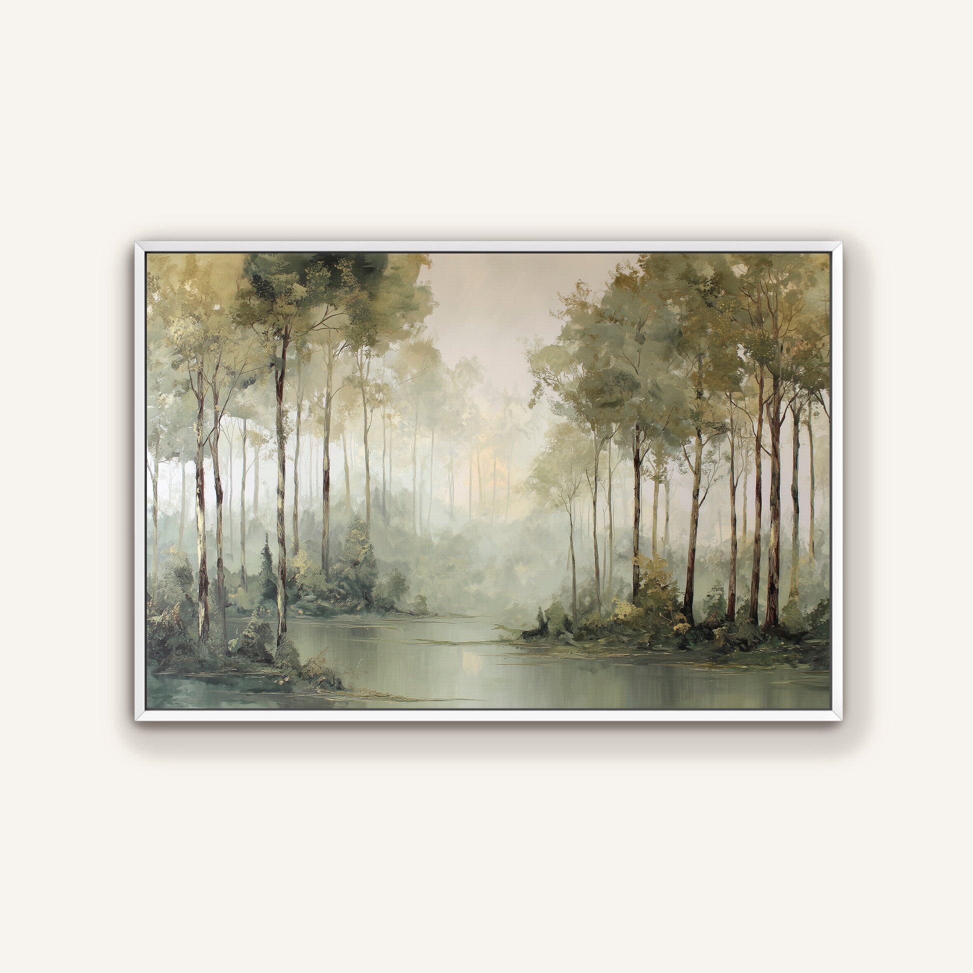 Misty forest edge wall art in a crisp white floating frame, softening any space.