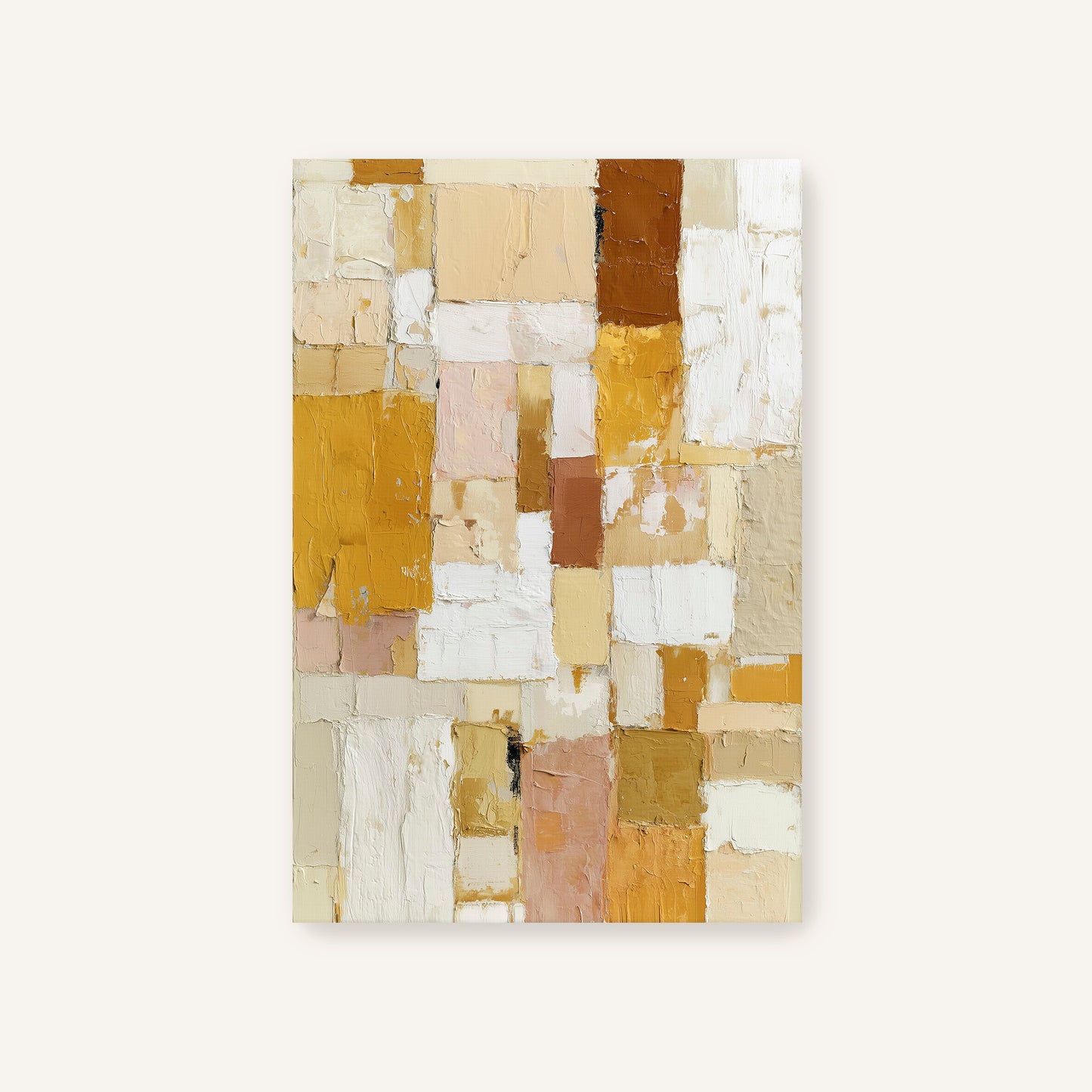Wrapped modern abstract canvas wall art with golden, cream, and neutral textured blocks.