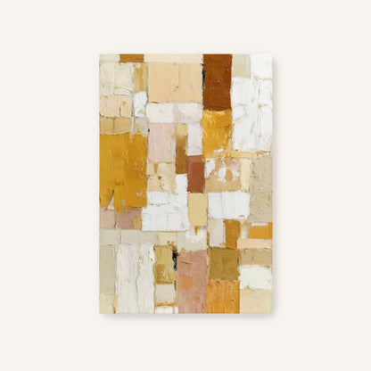 Wrapped modern abstract canvas wall art with golden, cream, and neutral textured blocks.