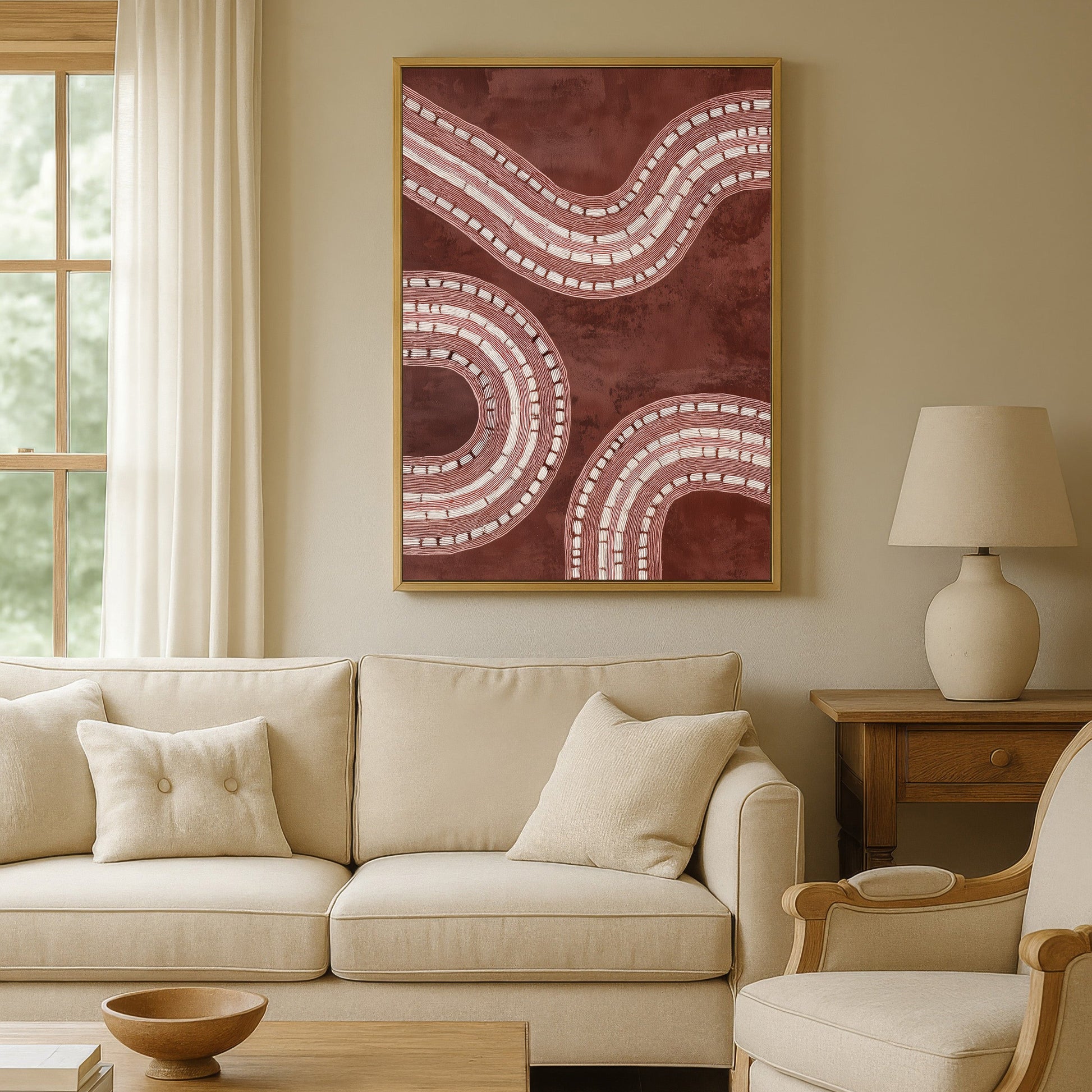 Oversized burgundy abstract canvas hanging above a neutral cream sofa in a modern living room.