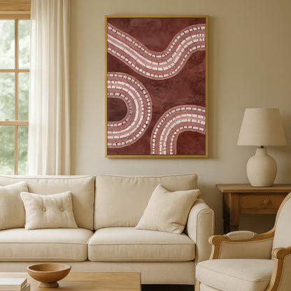 Oversized burgundy abstract canvas hanging above a neutral cream sofa in a modern living room.