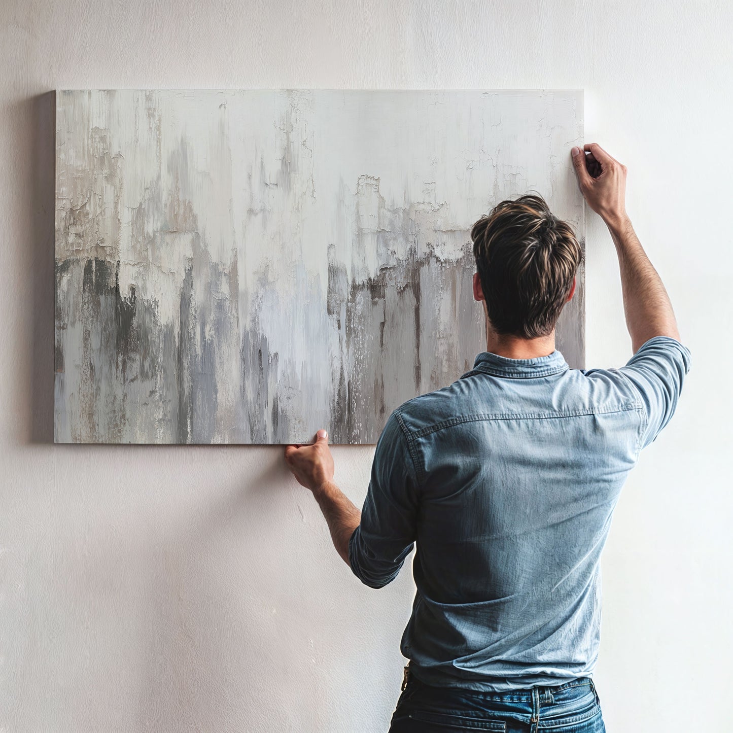 Man hanging neutral abstract canvas wall art