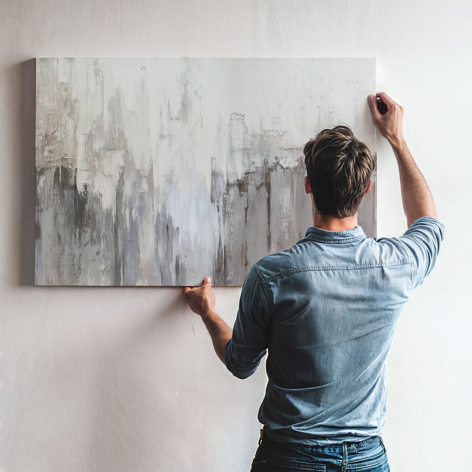 Man hanging neutral abstract canvas wall art