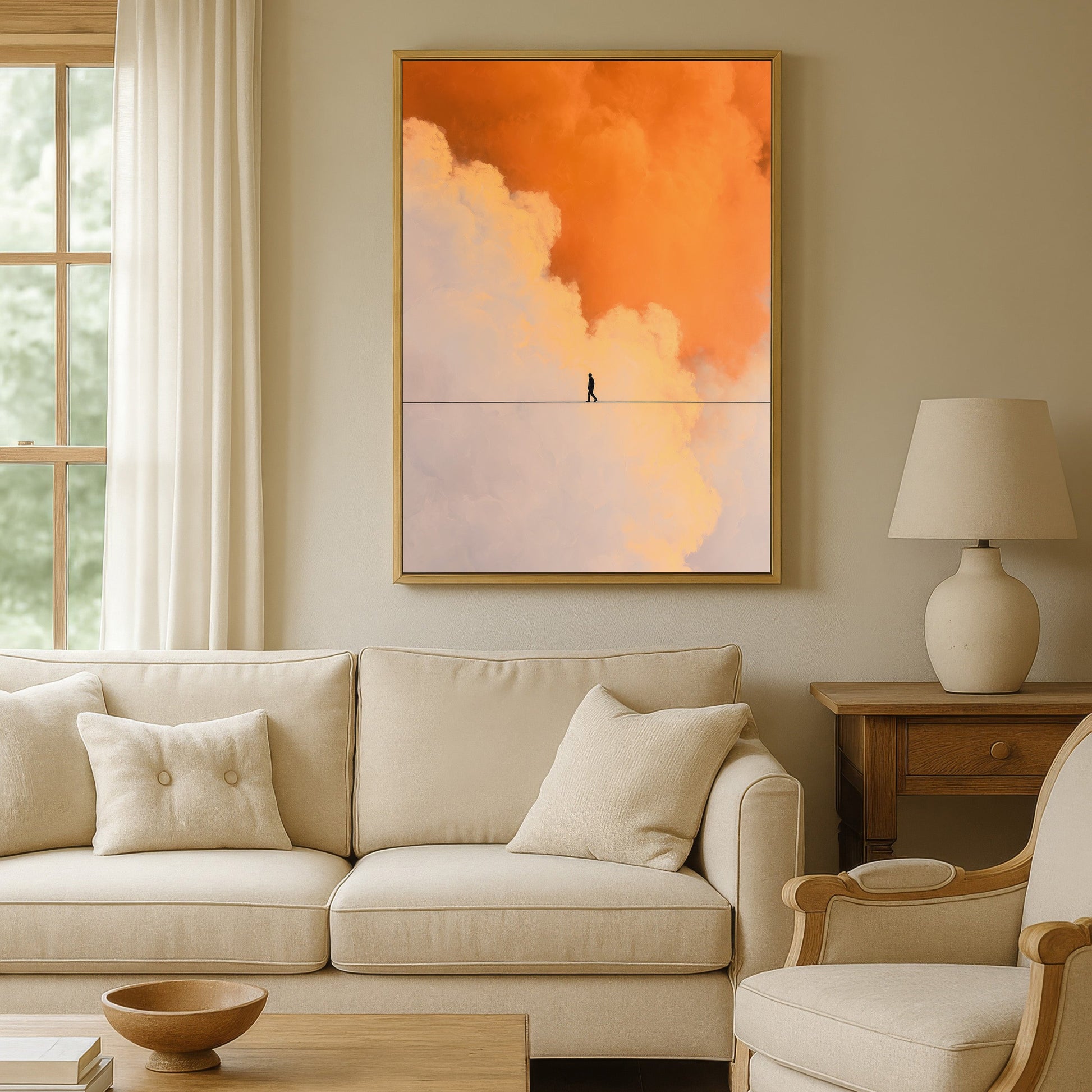 Neutral living room with soft beige tones featuring large framed abstract cloud wall art in warm orange and cream hues.
