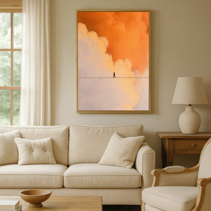 Neutral living room with soft beige tones featuring large framed abstract cloud wall art in warm orange and cream hues.