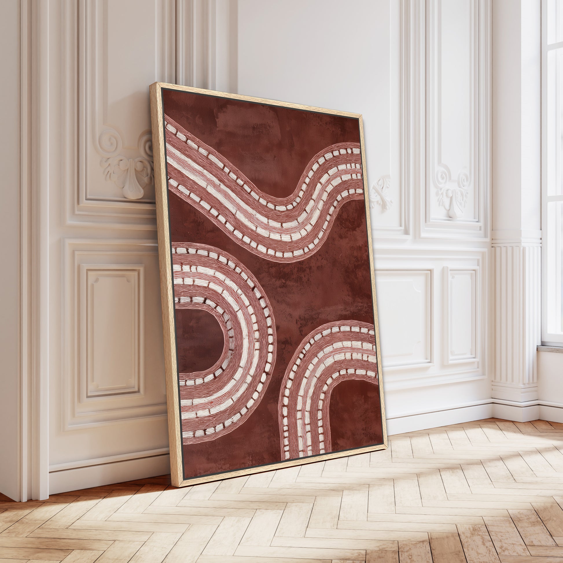 Abstract art piece with wavy patterns in a natural oak frame.