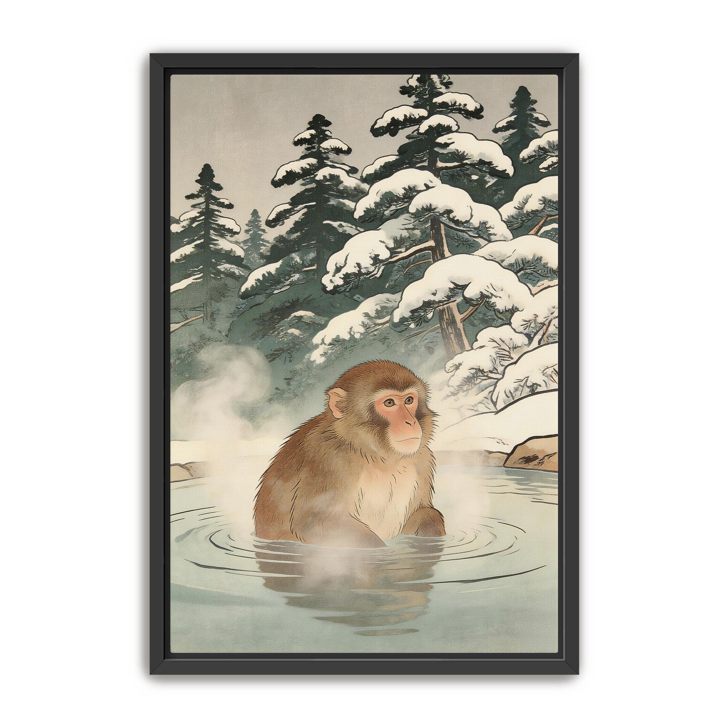 Snow monkey onsen print in black frame on clean background