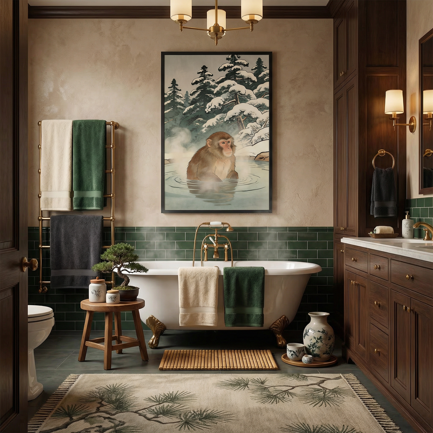 Snow monkey wall art above bathtub in spa-style bathroom