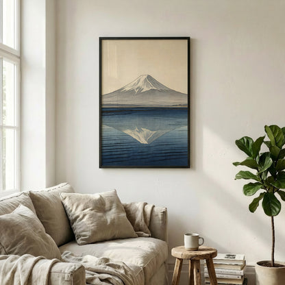 Mount Fuji reflection wall art print in black frame above neutral sofa in minimalist living room with beige tones