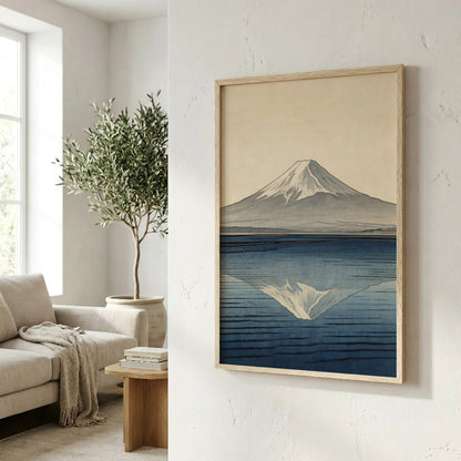 Mount Fuji reflection art print with natural wood frame in minimalist living room with neutral tones and olive tree