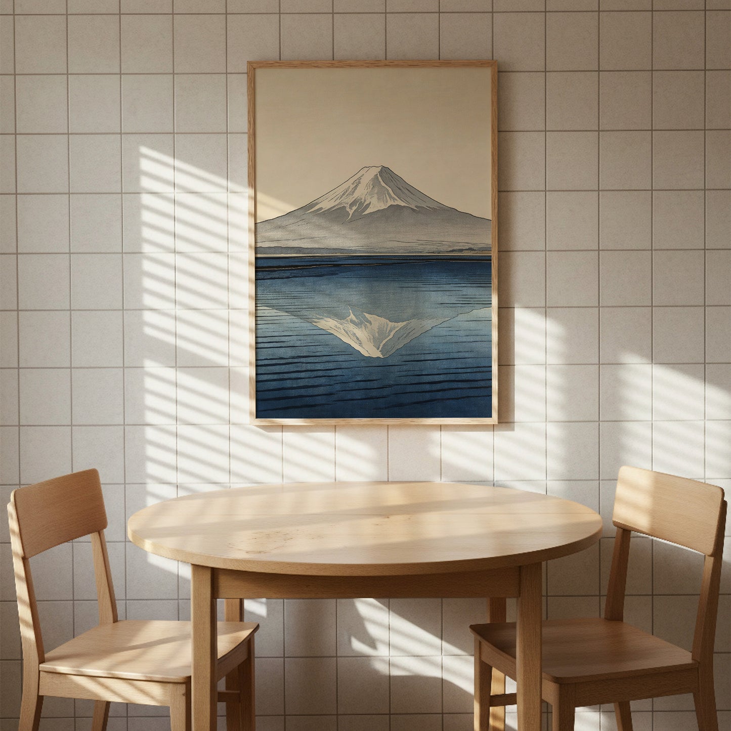 Mount Fuji reflection art print in natural wood frame above minimalist dining table with Japanese aesthetic