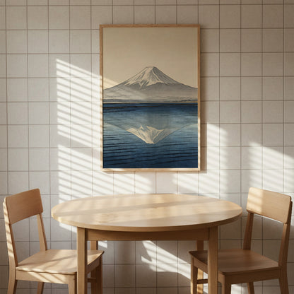 Mount Fuji reflection art print in natural wood frame above minimalist dining table with Japanese aesthetic