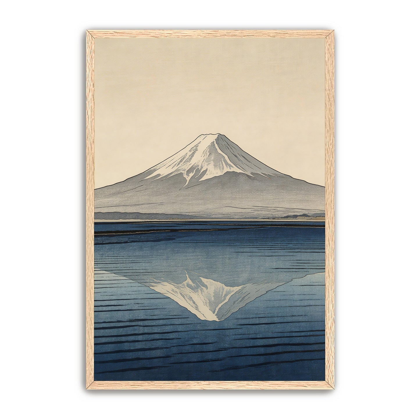 Mount Fuji reflection art print in natural wood frame, Japanese minimalist landscape with snow-capped peak and calm water
