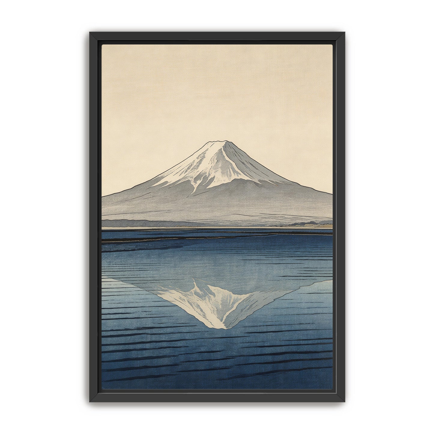 Mount Fuji reflection art print in black frame, Japanese woodblock style with snow-capped peak and blue water