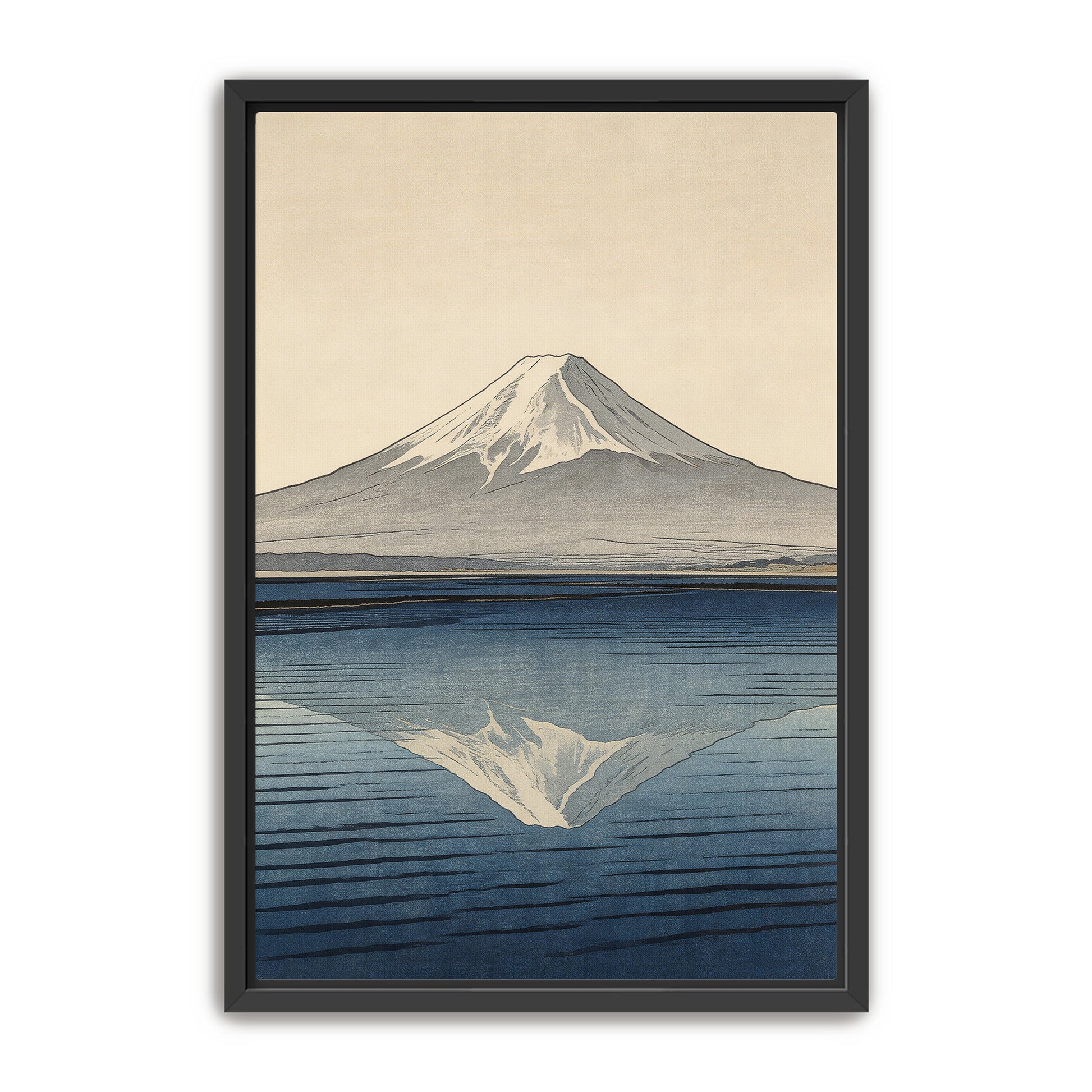 Mount Fuji reflection art print in black frame, Japanese woodblock style with snow-capped peak and blue water