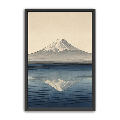 Mount Fuji reflection art print in black frame, Japanese woodblock style with snow-capped peak and blue water