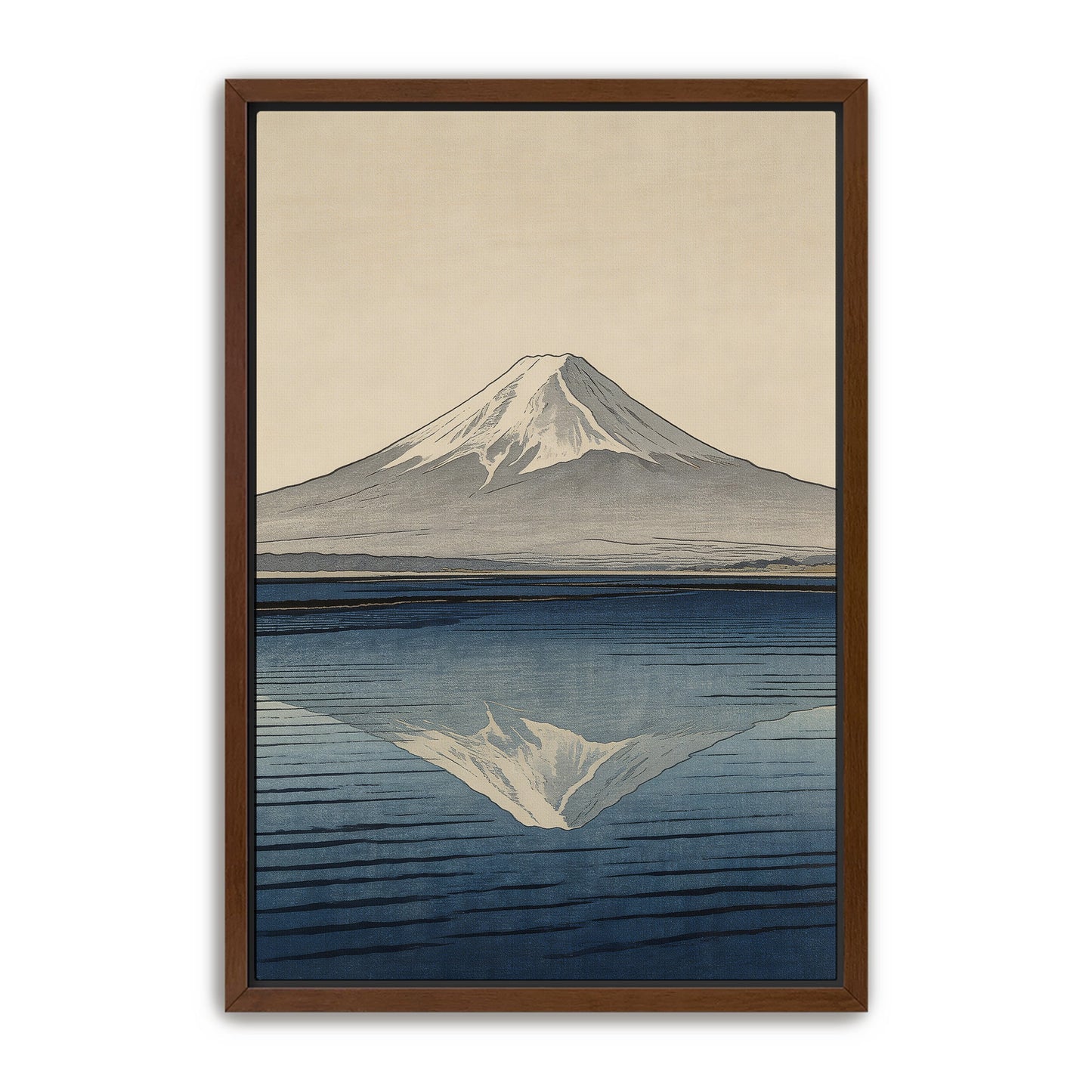 Mount Fuji reflection art print with snow-capped peak over calm blue water in walnut wood frame
