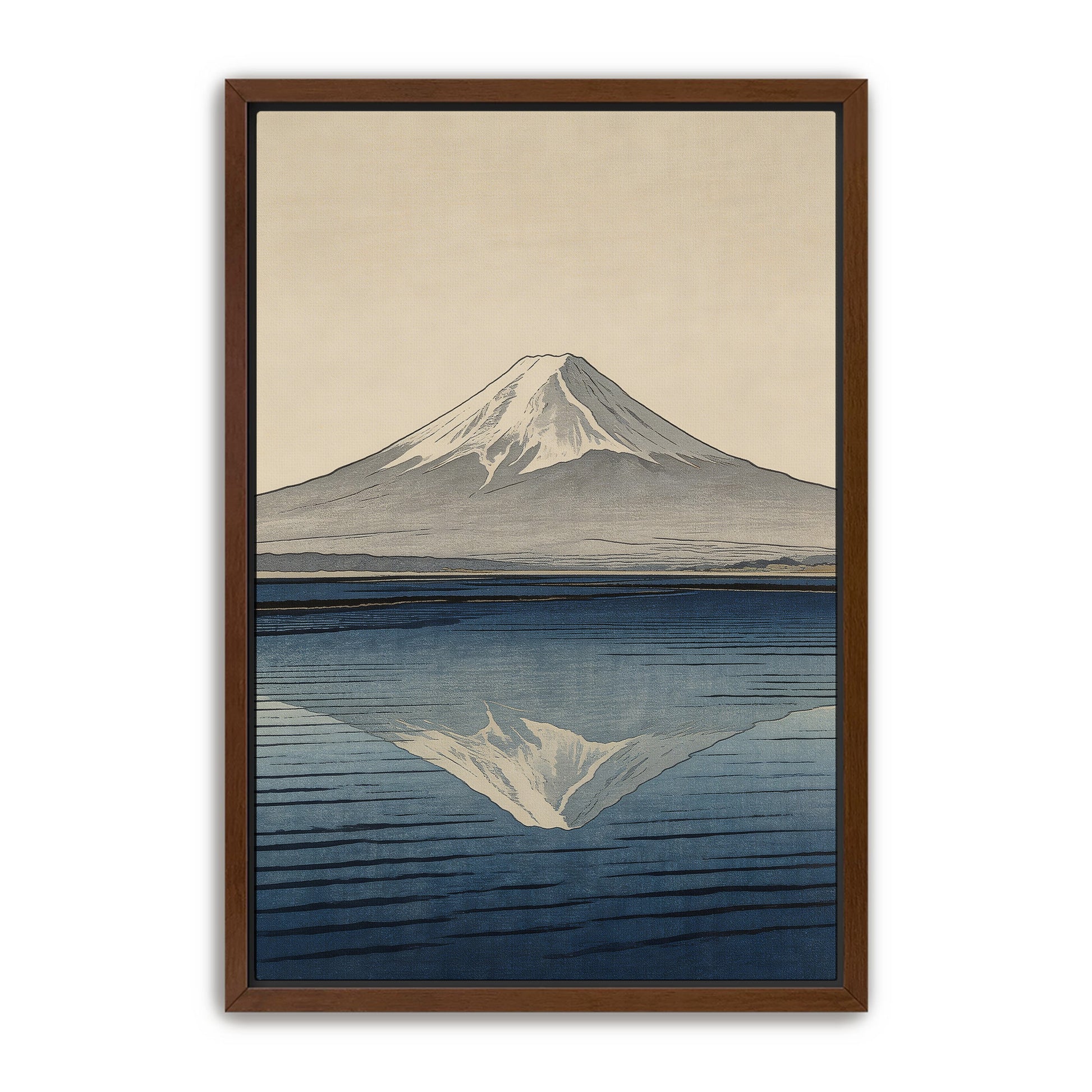 Mount Fuji reflection art print with snow-capped peak over calm blue water in walnut wood frame