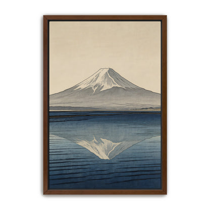 Mount Fuji reflection art print with snow-capped peak over calm blue water in walnut wood frame