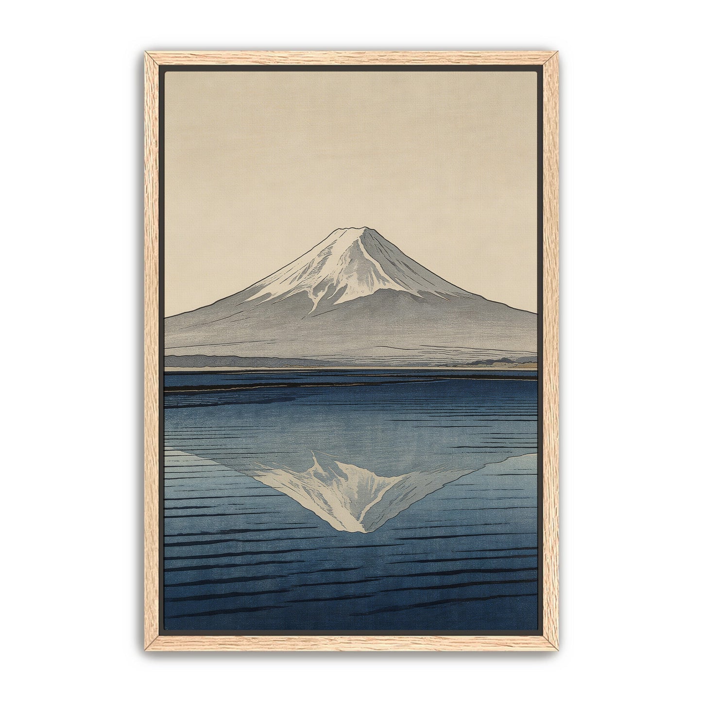 Mount Fuji reflected in calm lake water, Japanese minimalist canvas print in natural wood frame with serene blue tones
