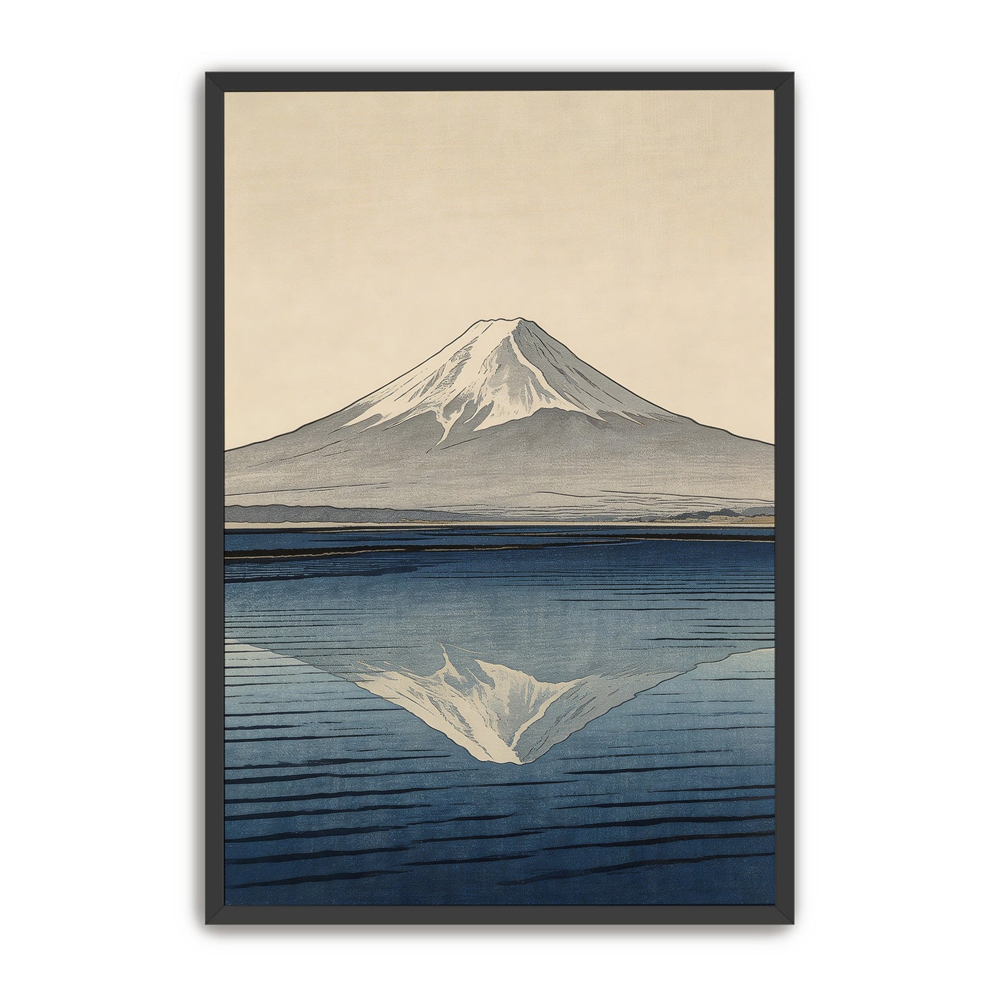 Mount Fuji reflection Japanese woodblock style art print with snow-capped peak and blue water in black frame
